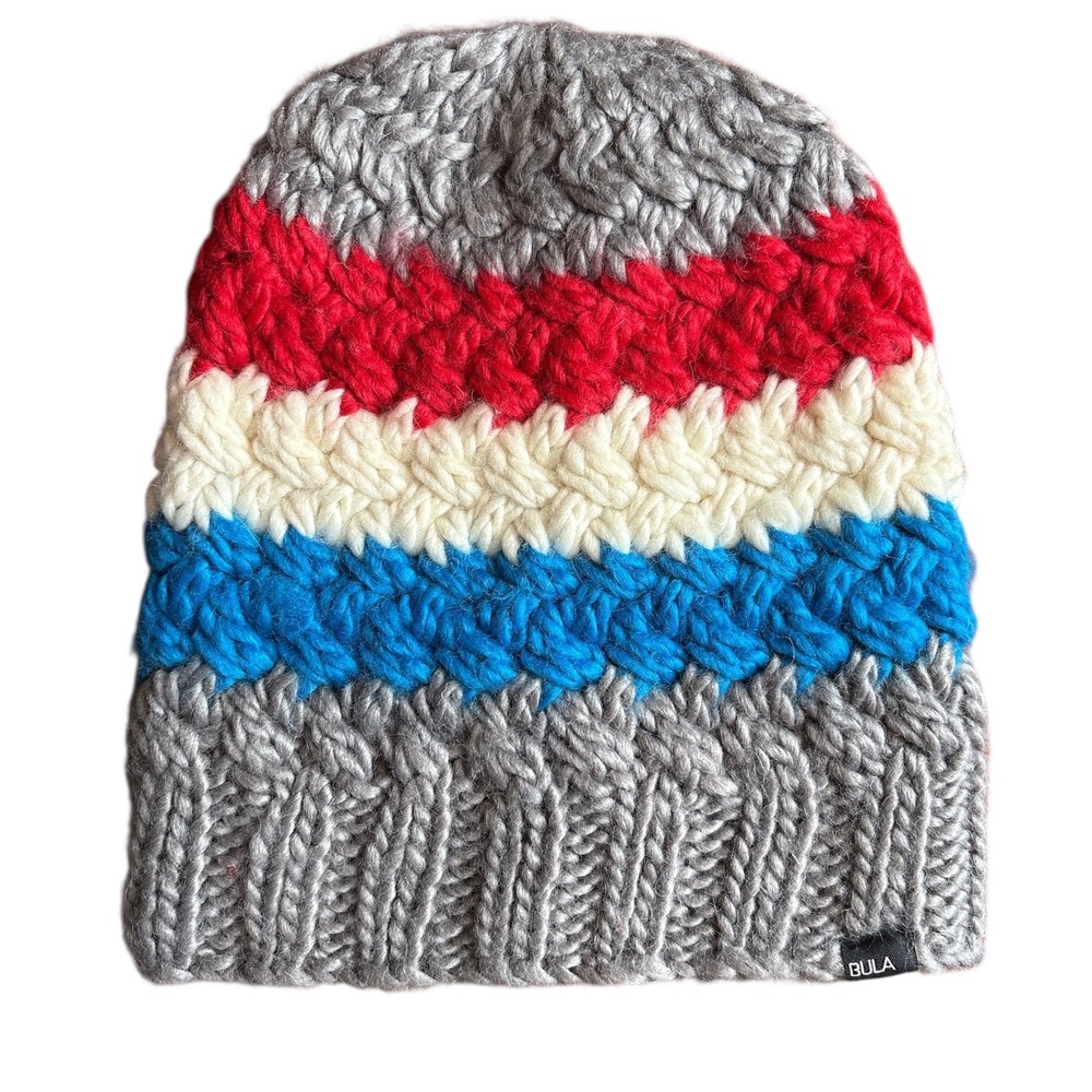Bula Wool Blend Knit Beanie Hat Striped Gray Red‎ Blue Winter Warm
